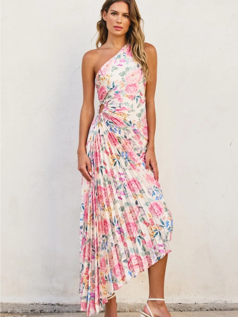 Floral One-Shoulder Pleated Midi Dress in Cream and Pink